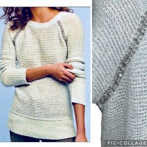 Anthropologie Sleeping on Snow Light Baby Blue Marled Knit Rhinestone Sweater  L